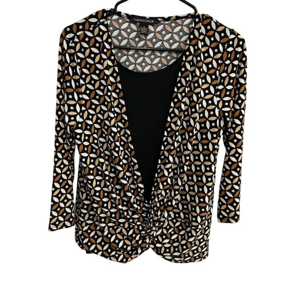 Carolyn Taylor Geometric Print 3/4 Sleeve Top Twist Front Accent Size S - Picture 1 of 9